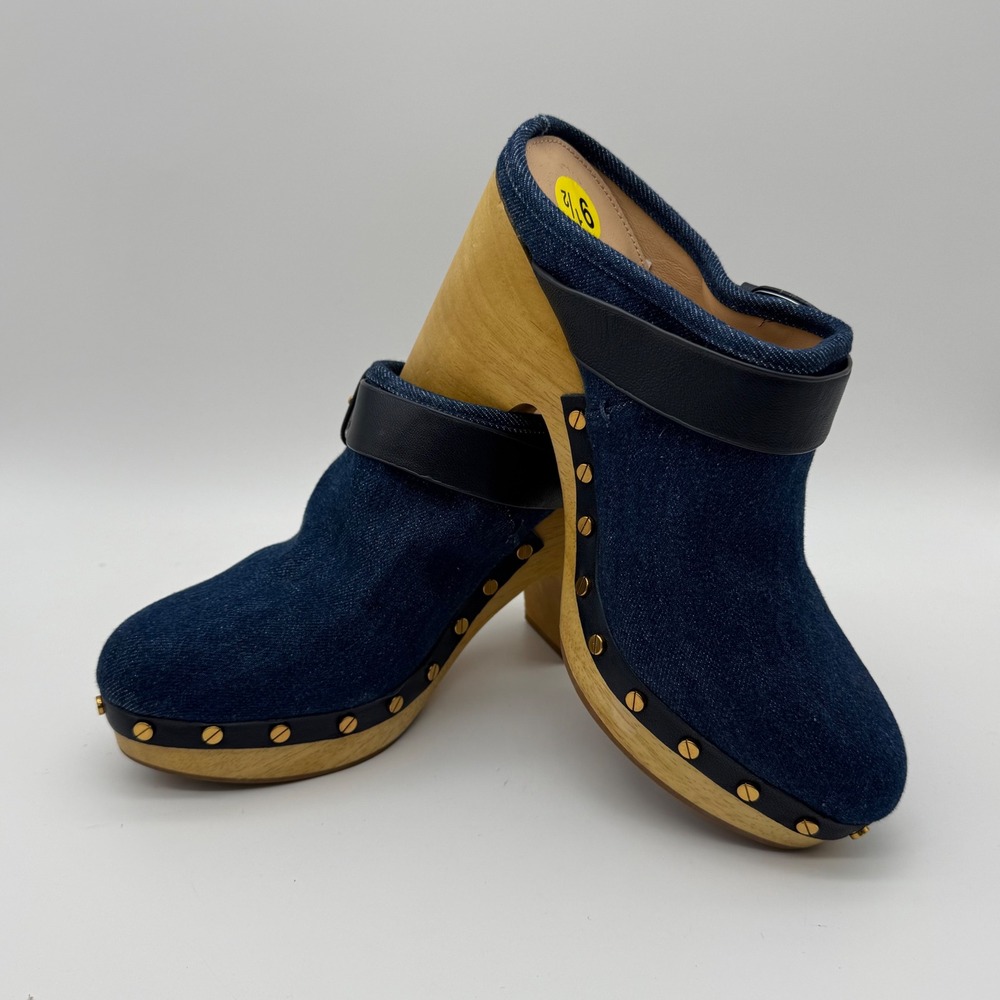 Veronica Beard Clogs Women 9.5 Blue Denim Excellent Studded Wood Block Heel Mule